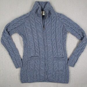 Kilronan Knitwear Merino Wool Full Zip Cardigan Sweater Blue Irish Cable Knit M